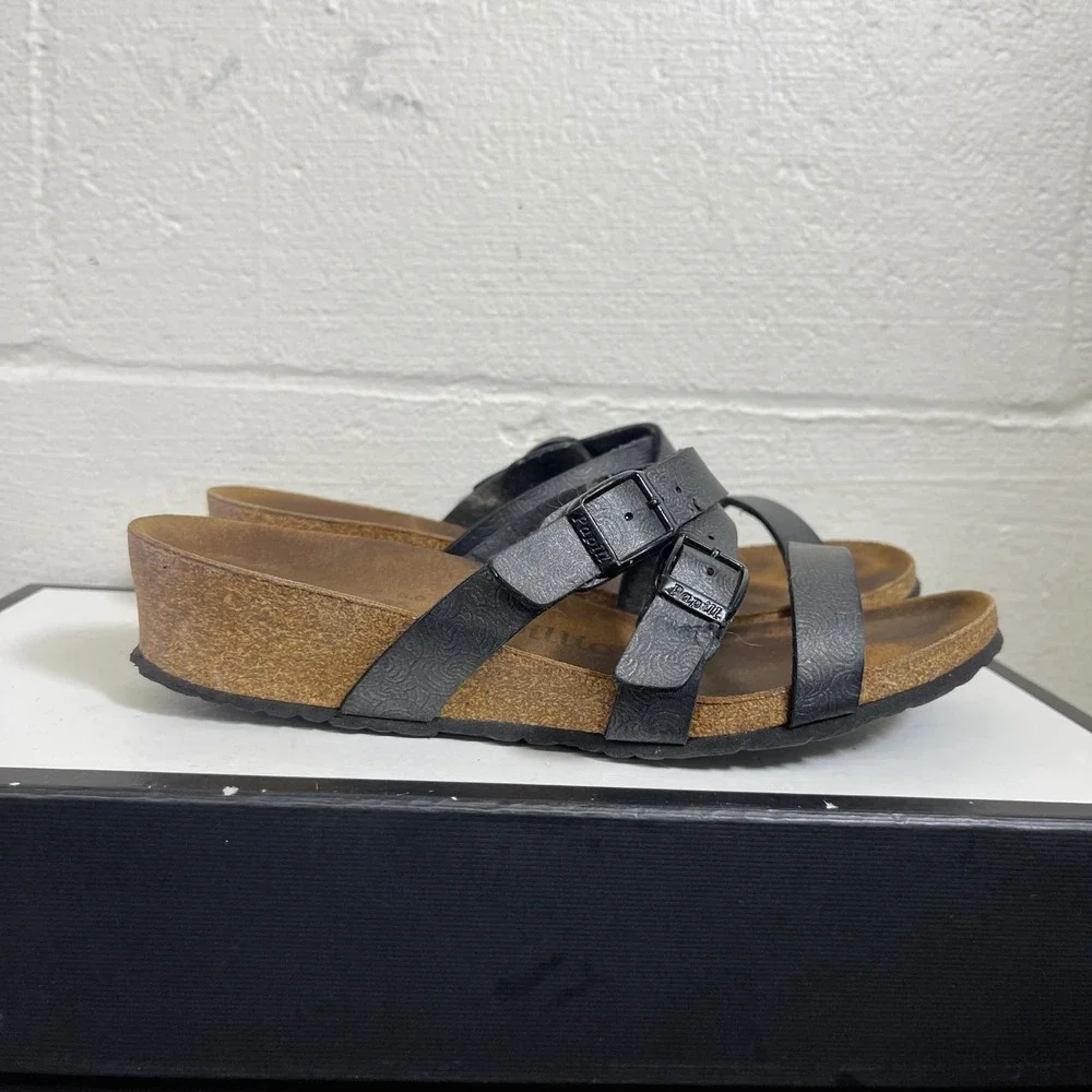 Papillio by Birkenstock Black Wedge Sandals Straps Slip On Women's 38 EU /7 US
